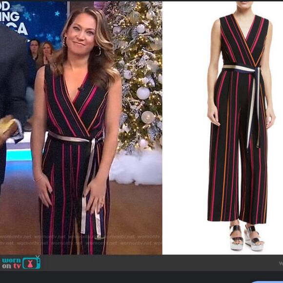DVF Diane Von Furstenberg Sleeveless Crossover Wide-Leg Striped Jumpsuit 8 Retro - Picture 1 of 16
